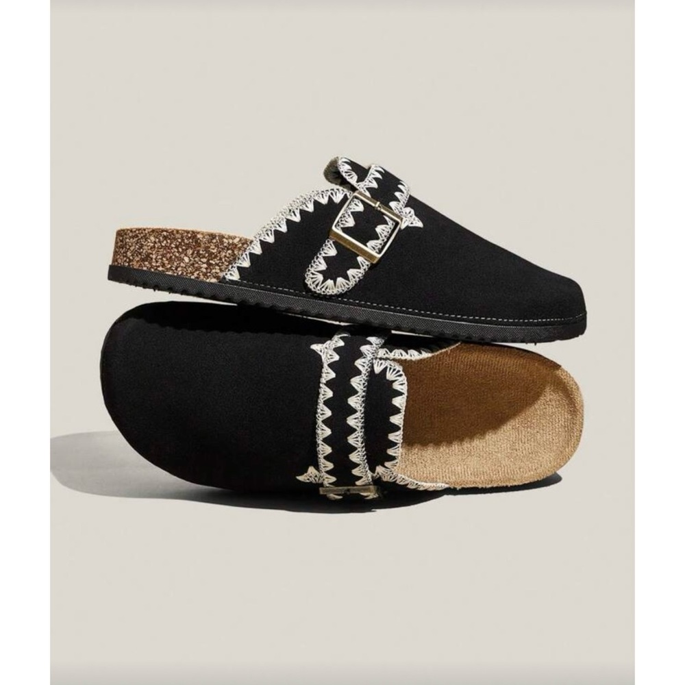 NWOT black + white slip-on cork clogs
